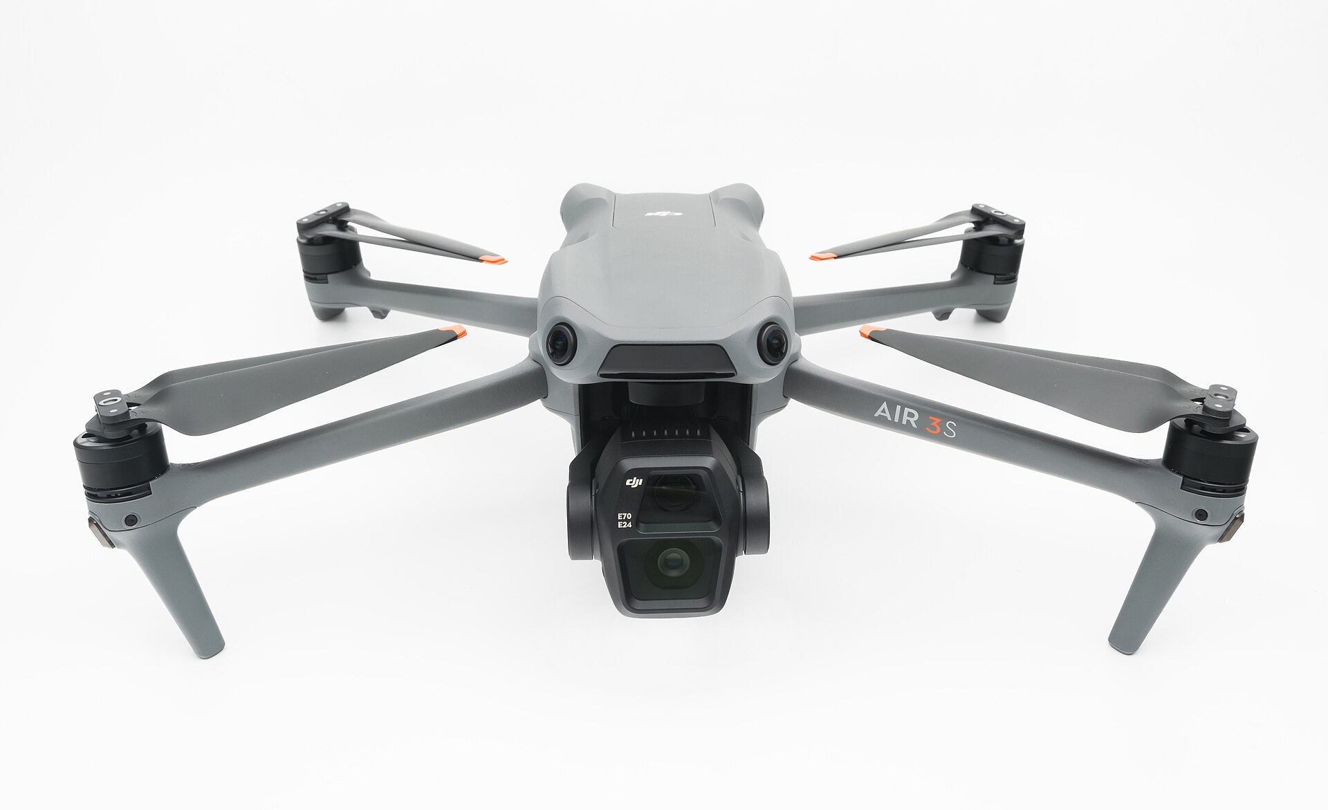 DJI Air 3S compact quadcopter, dual stacked camera lenses in its gimbal